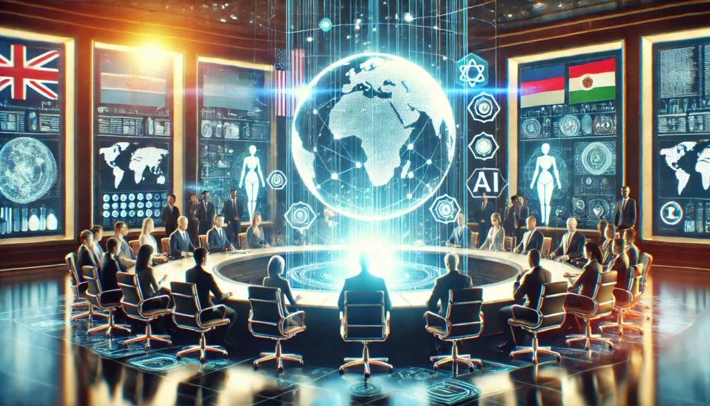 SECUTIRY AND GLOBAL DEVELOPMENT - DALL·E-2025-01-29-11.59.39-A-16_9-digital-illustration-representing-global-governments-working-together-with-AI-in-a-futuristic-setting