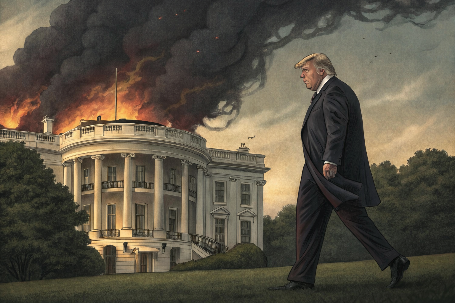 TRUMP WALKING AWAY FROM A BURNING WHITE HOUSE USE - IMAGE: