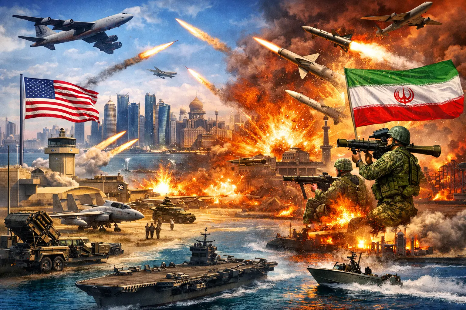AI IMAGE OF IRAN WAR W USA AND ISRAEL - IMAGE: WIO NEWS]