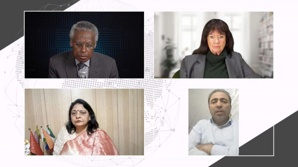 From the EIR roundtable: “A Dialogue of Civilizations: Can Iran War Be Stopped Before Nuclear Escalation?” From l to r clockwise. Dennis Speed, moderator, Helga Zepp-LaRouche, Dr. Mohammad Reza Dehshiri (Iran), and Purnima Anand (India). Credit: EIRNS