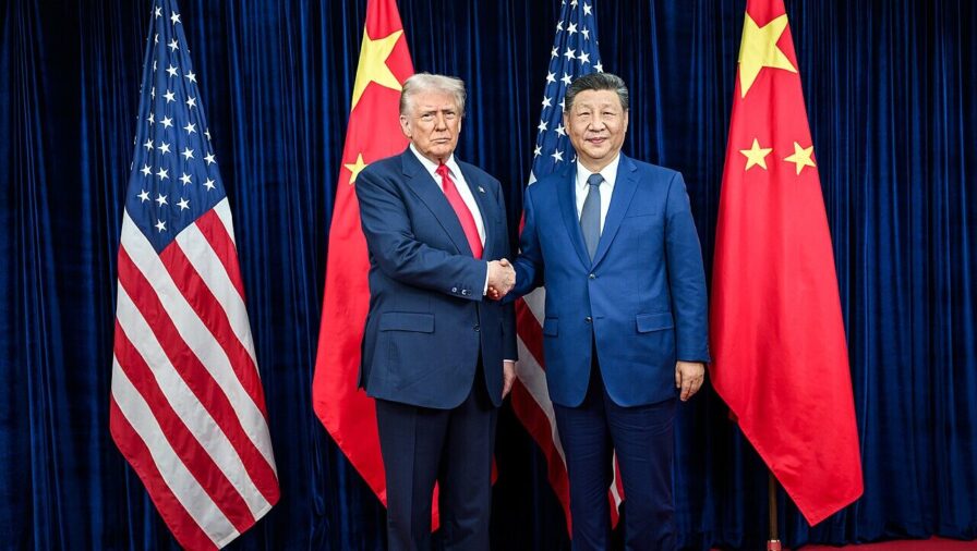 President Donald Trump greets Chinese President Xi Jinping before a bilateral meeting at the Gimhae International Airport terminal, Thursday, October 30, 2025, in Busan, South Korea. (Official White House Photo by Daniel Torok)