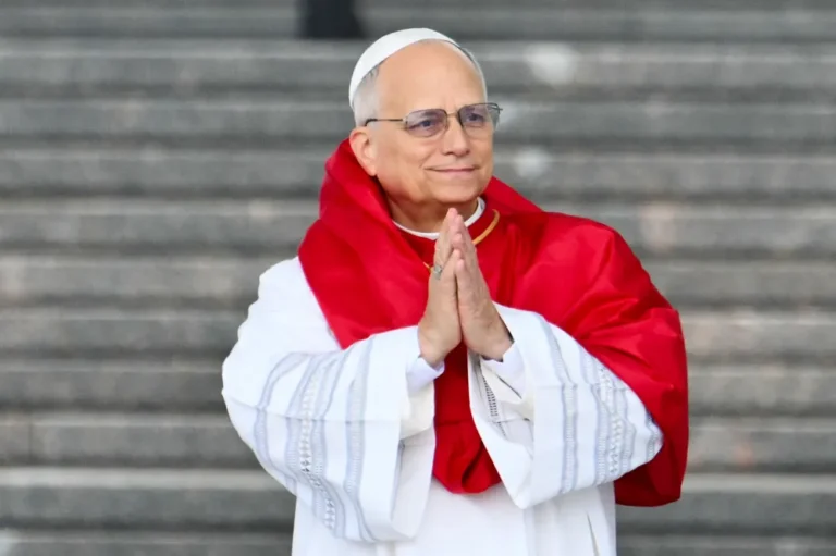 Pope Leo XIV gestures during a visit at the Maqam Echahid Martyrs' Monument in El Madania, near Algiers on April 13, 2026. (Photo by Alberto PIZZOLI/AFP/Getty Images)