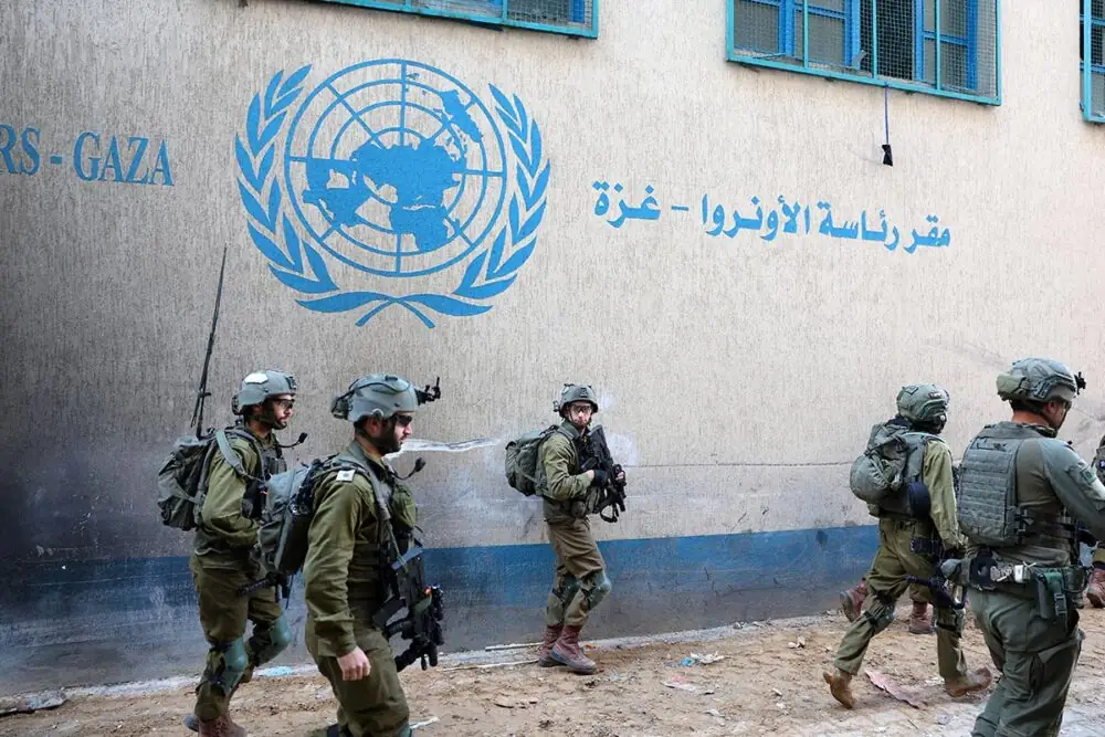 Photo taken during a press trip organised by the Israeli army on 8 February 2024, inside an evacuated United Nations Relief and Works Agency for Palestine Refugees (UNRWA) compound in Gaza City. Photo: © Jack Guez / AFP