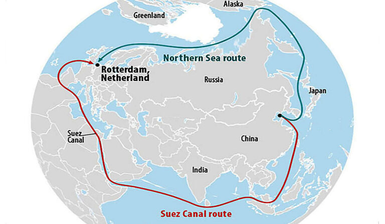 At 7,500 nautical miles, the North Sea Route is significantly shorter than the route through the Suez Canal. (Graphic: Heiner Kubny)