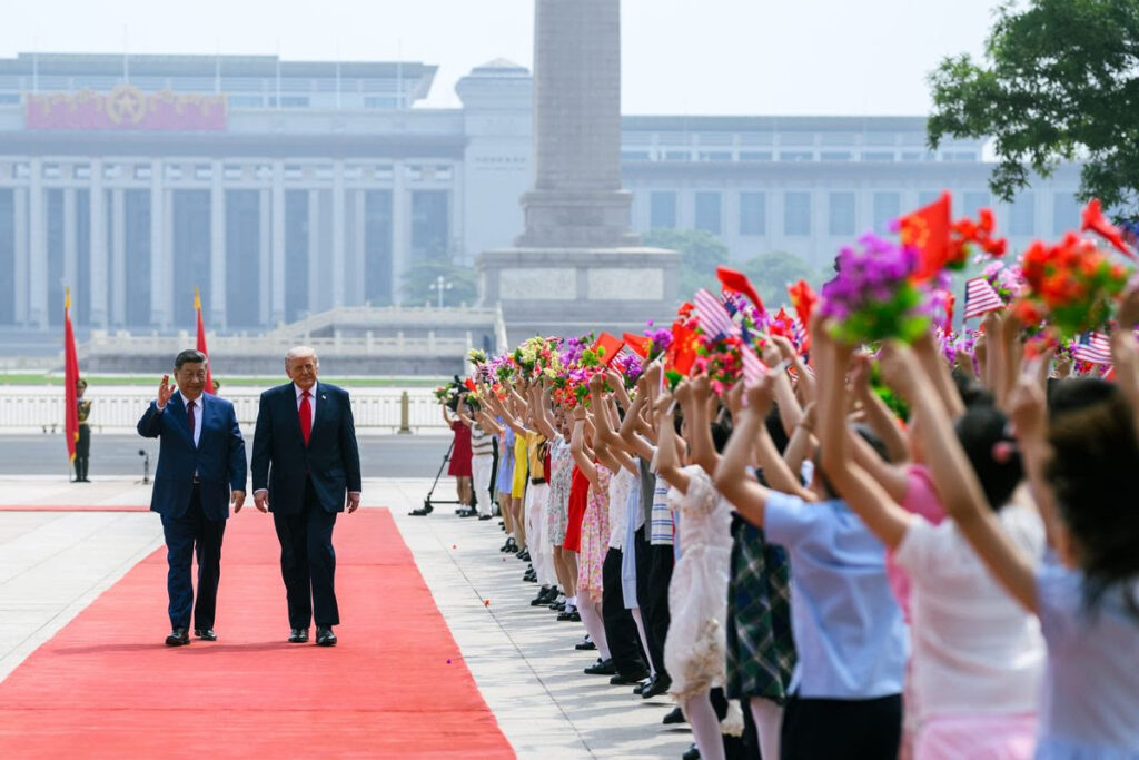 Xi Jinping with Donald Trump, at the May 14 ceremony welcoming him to the Great Hall of the People in Beijing. - image: supplied via EIR
