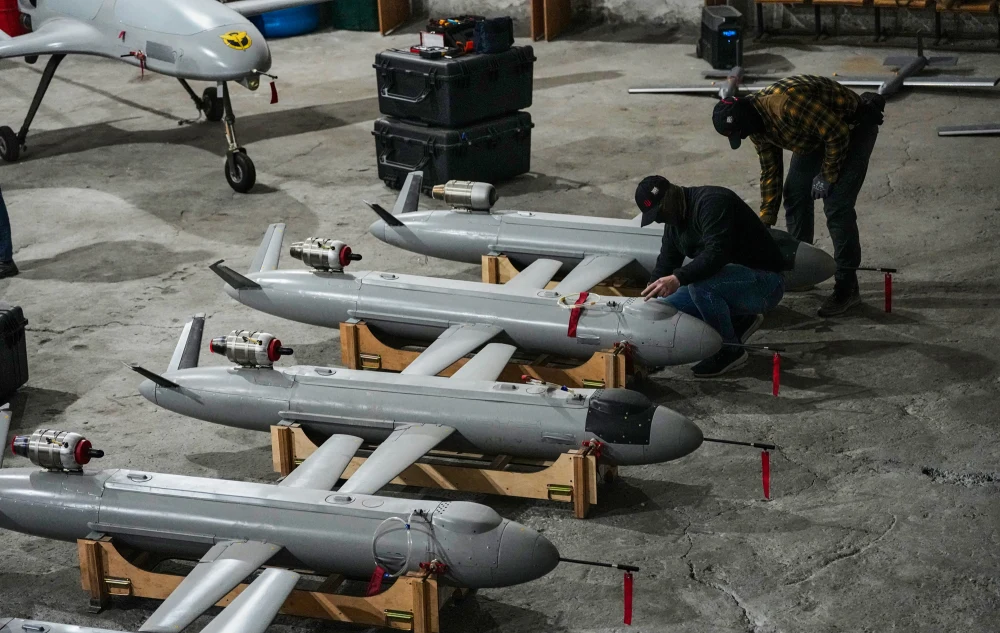 Ukrainian defense intelligence servicemen set up Peklo missile drones against Russia in an undisclosed location in Ukraine on Thursday.Efrem Lukatsky / AP