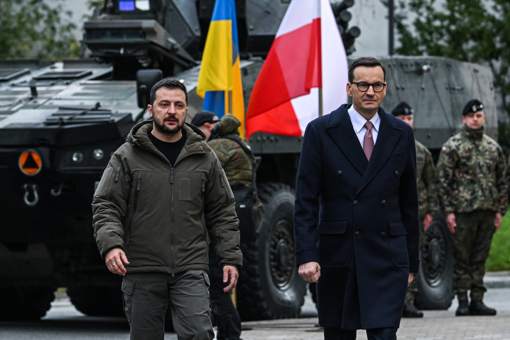 President Volodymyr Zelensky of Ukraine, left, with Prime Minister Mateusz Morawiecki of Poland in Warsaw in April. 2023 Credit...Omar Marques/Getty Images