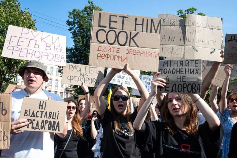 ZELENSKY'S LATEST DUMPING OF MINISTERS CREATES TURMOIL - Ukrainians gather to denounce President Volodymyr Zelensky's decision to dismiss Mykhaylo Fedorov in Kyiv on Thursday, July 16, 2026. (Danylo Antoniuk/AP via CNN Newsource)
