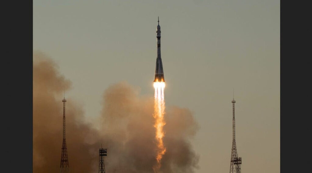 The Soyuz rocket launches to the International Space Station with NASA astronaut Anil Menon and Roscosmos cosmonauts Pyotr Dubrov and Anna Kikina onboard, Tuesday, July 14, 2026, at the Baikonur Cosmodrome in Kazakhstan. Credit: NASA/Bill Ingalls