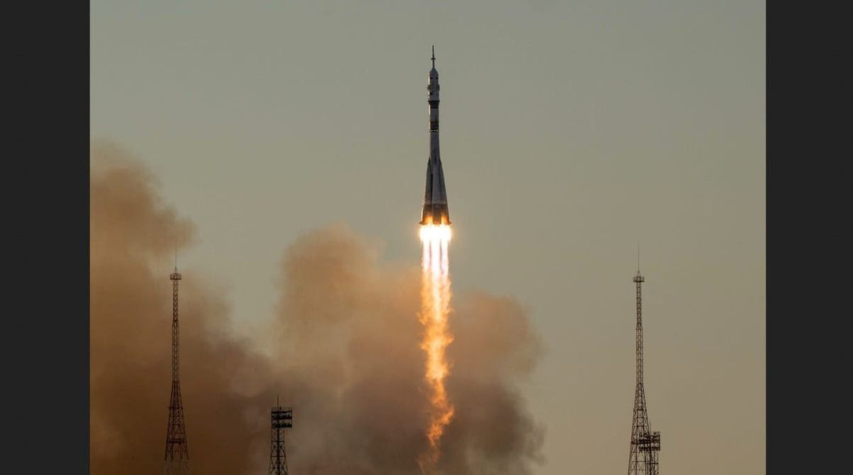 The Soyuz rocket launches to the International Space Station with NASA astronaut Anil Menon and Roscosmos cosmonauts Pyotr Dubrov and Anna Kikina onboard, Tuesday, July 14, 2026, at the Baikonur Cosmodrome in Kazakhstan. Credit: NASA/Bill Ingalls