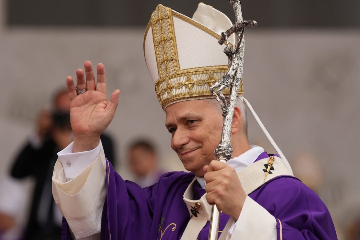 Pope Leo XIV greets the faithful before he celebrates Mass in Beirut, Lebanon, on the final day of his first apostolic journey Dec. 2, 2025. (CNS photo/Lola Gomez