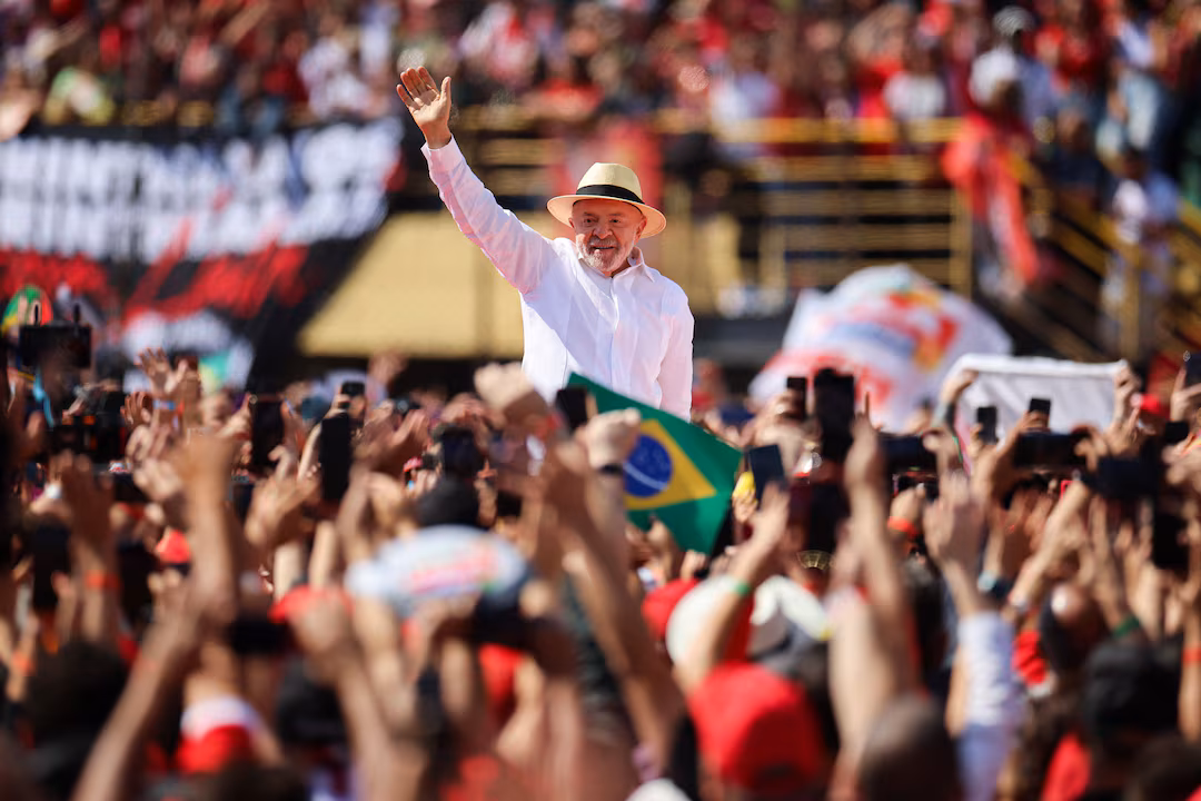 Brazilian President Luiz Inacio Lula da Silva launches his re-election campaign at Primeiro de Maio Stadium in Sao Bernardo do Campo, Brazil, August 16, 2026. The stadium, formerly known as Vila Euclides, was the site of the mass metalworkers' assemblies led by Lula during the landmark 1979 and 1980 strikes. REUTERS/Adriano Machado