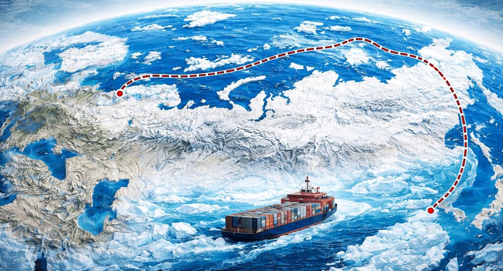 CHINA-EUROPE ARCTIC SHIPPING ROUTE STARTS 2026 WEEKLY OPERATIONS - AI image by: air power asia ; edited by GSMN