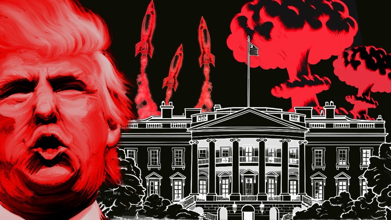 USA DONALD TRUMP STARTING NUCLEAR WAR: AI IMAGE: Illustration by Thomas Gaulkin / DonkeyHotey (Flickr, CC BY-SA 4.0) / VectorStock