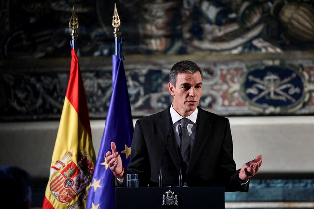 Spanish Prime Minister Pedro Sanchez holds a press conference at the Spanish Embassy to the Vatican after meeting Pope Leo XIV, in Rome, Italy, May 27, 2026. REUTERS/Francesco Fotia/